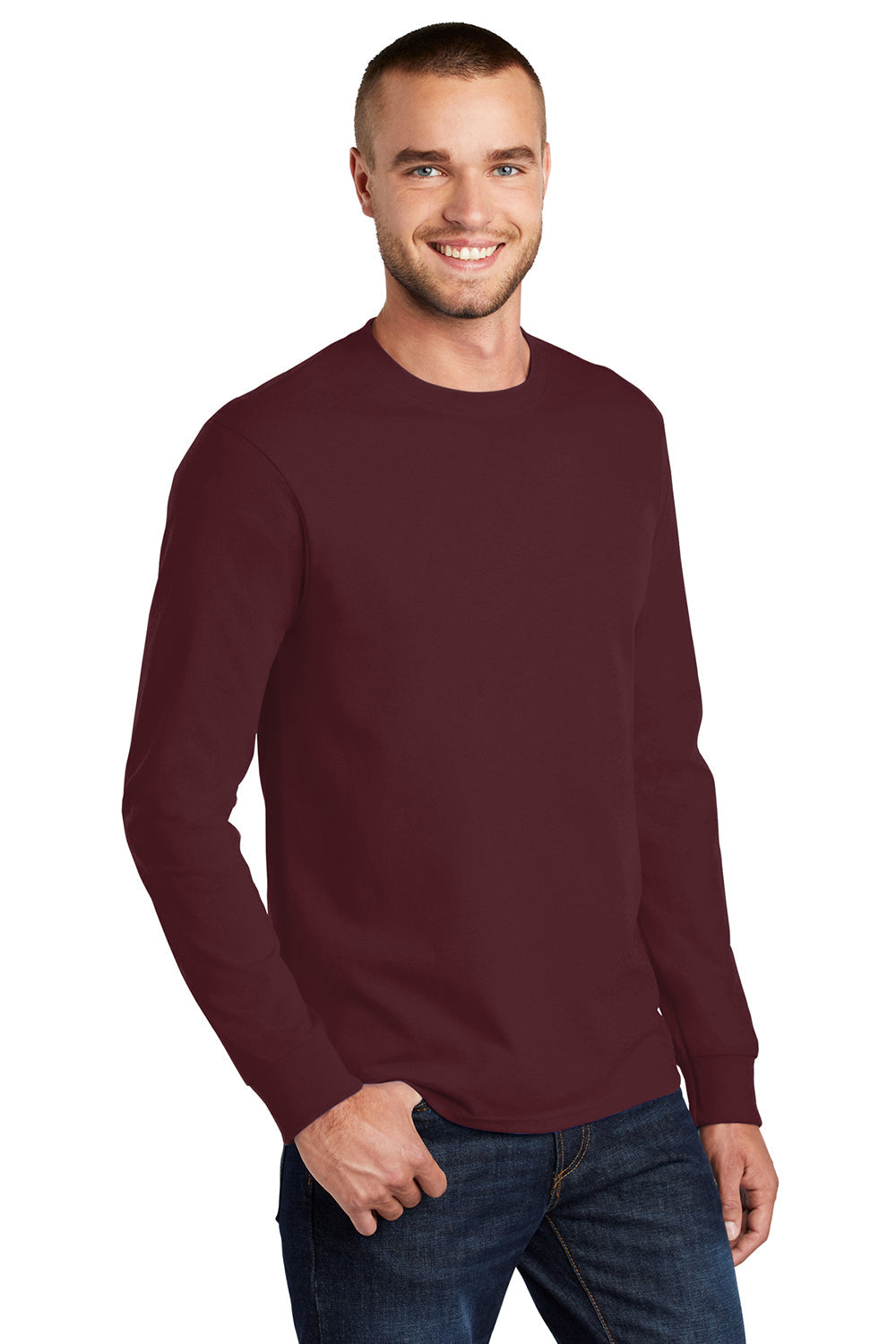 Mens Essential Long Sleeve Crewneck T-Shirt - Athletic Maroon