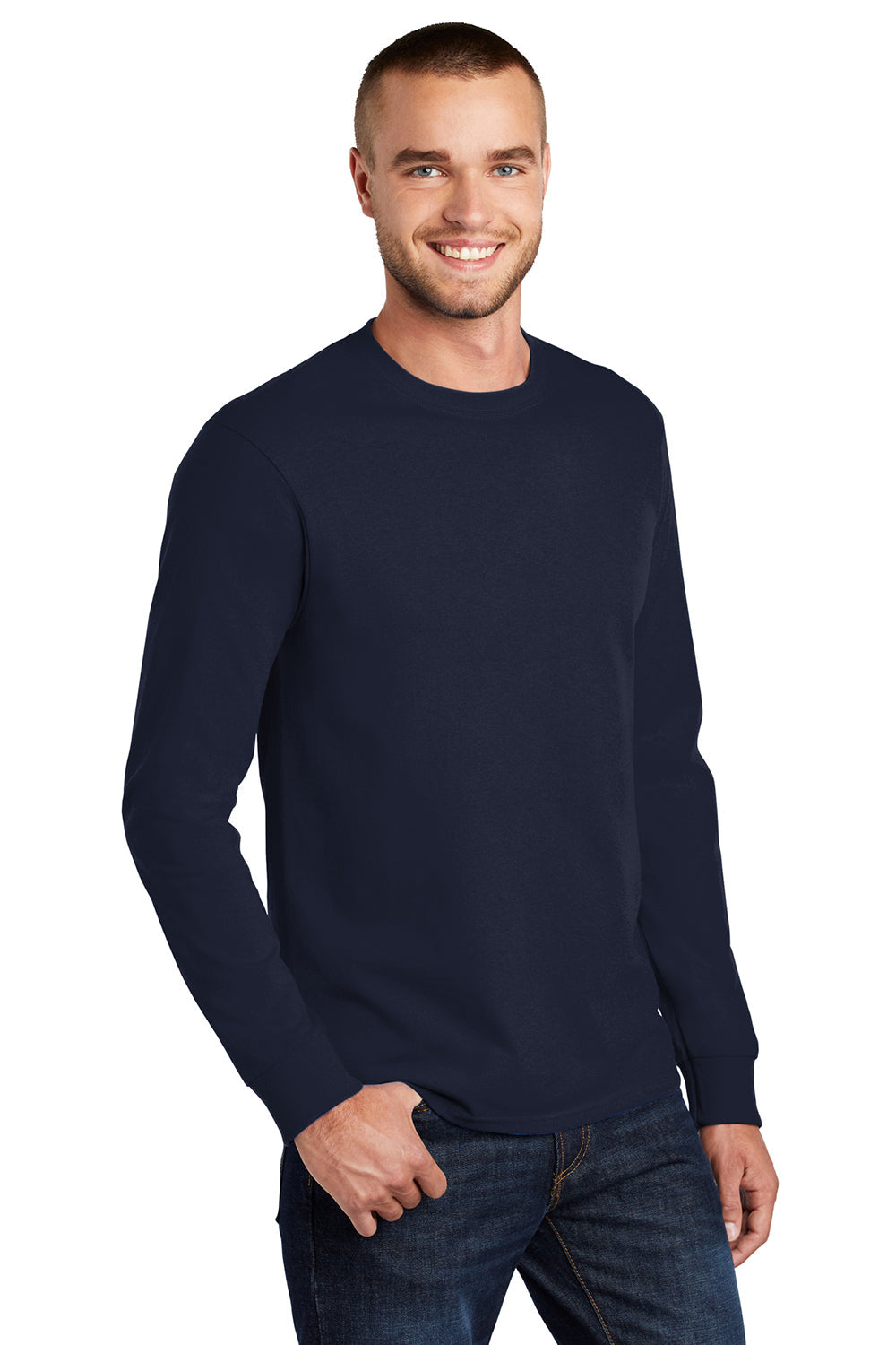 Mens Essential Long Sleeve Crewneck T-Shirt - Deep Navy Blue