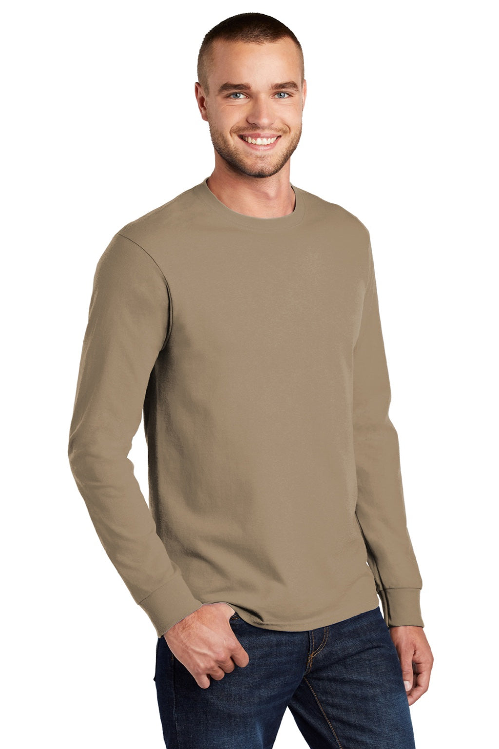 Mens Essential Long Sleeve Crewneck T-Shirt - Sand Brown
