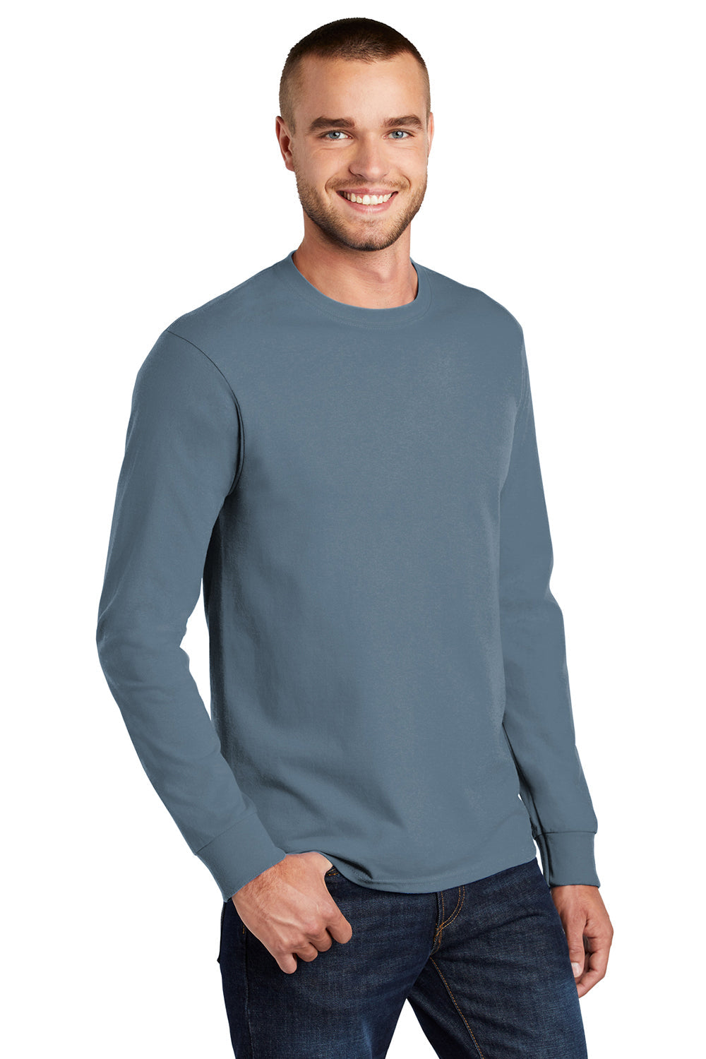 Mens Essential Long Sleeve Crewneck T-Shirt - Stonewashed Blue
