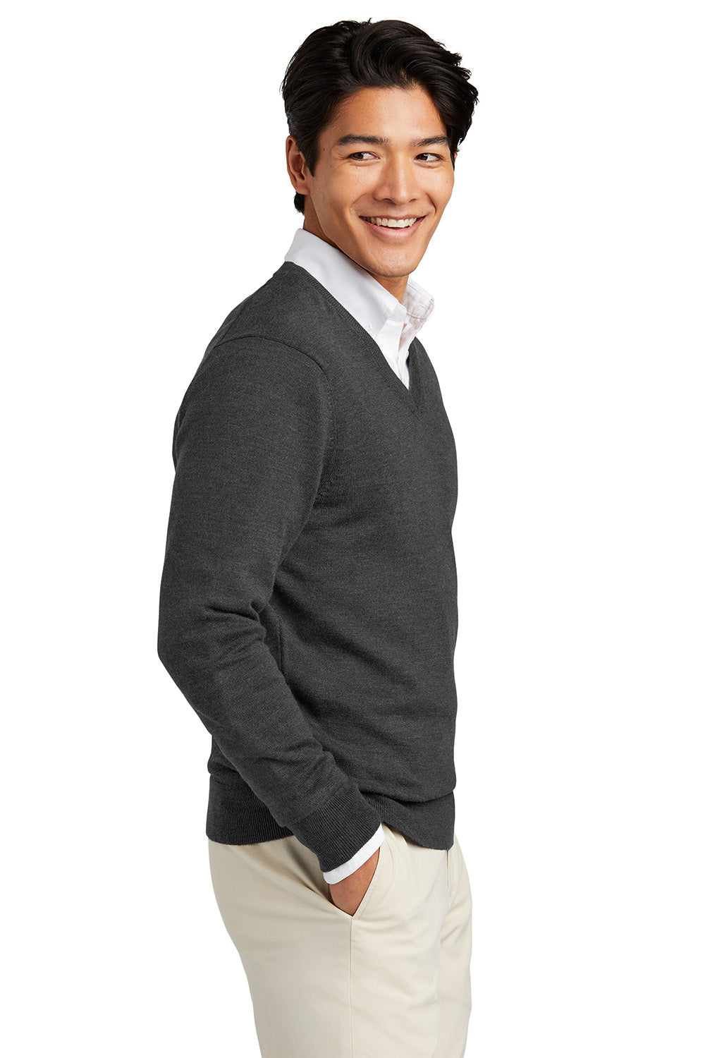 Mens Merino Long Sleeve V-Neck Sweater - Heather Windsor Grey