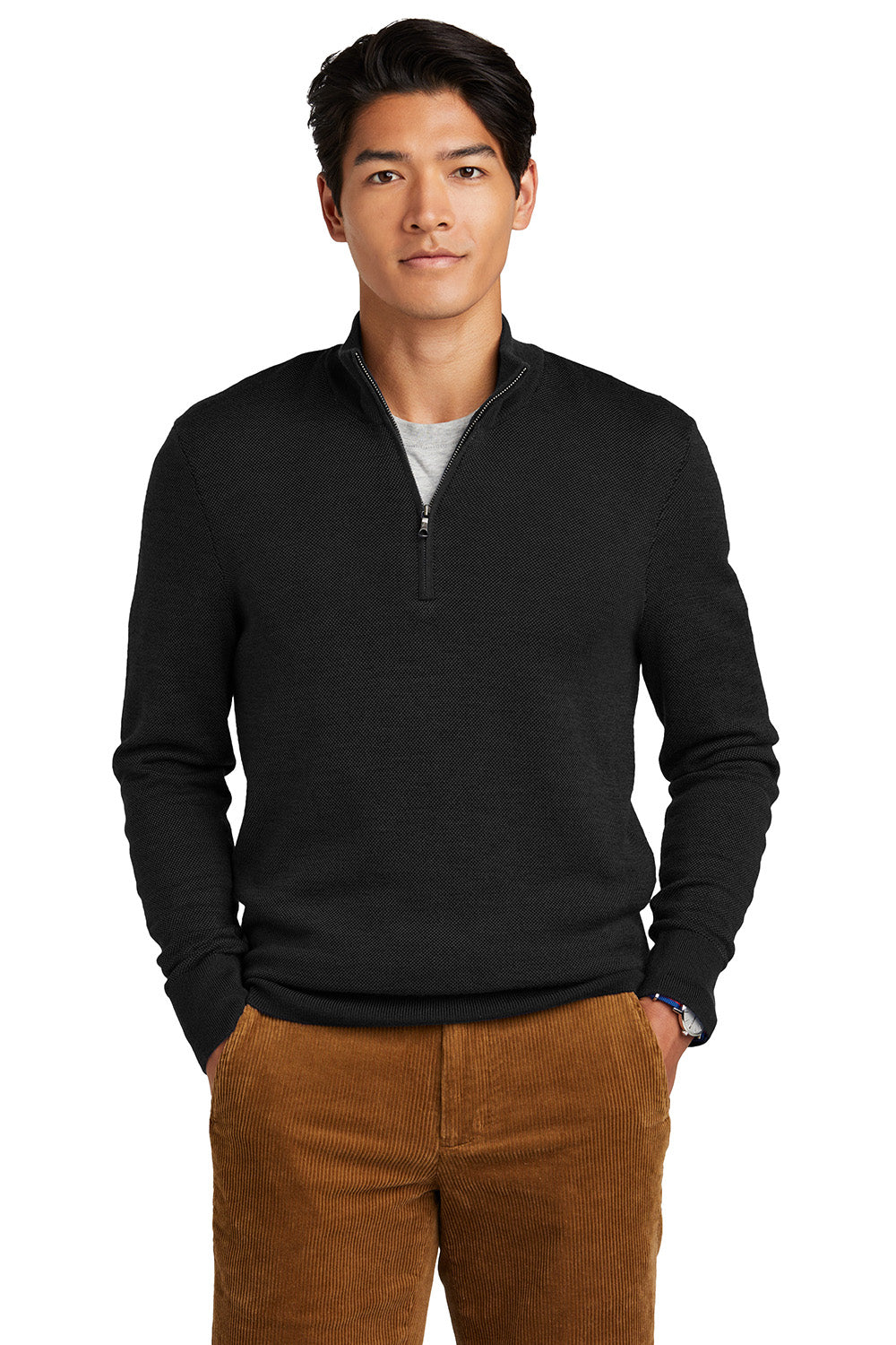 Mens Merino Birdseye Long Sleeve 1/4 Zip Sweater - Deep Black
