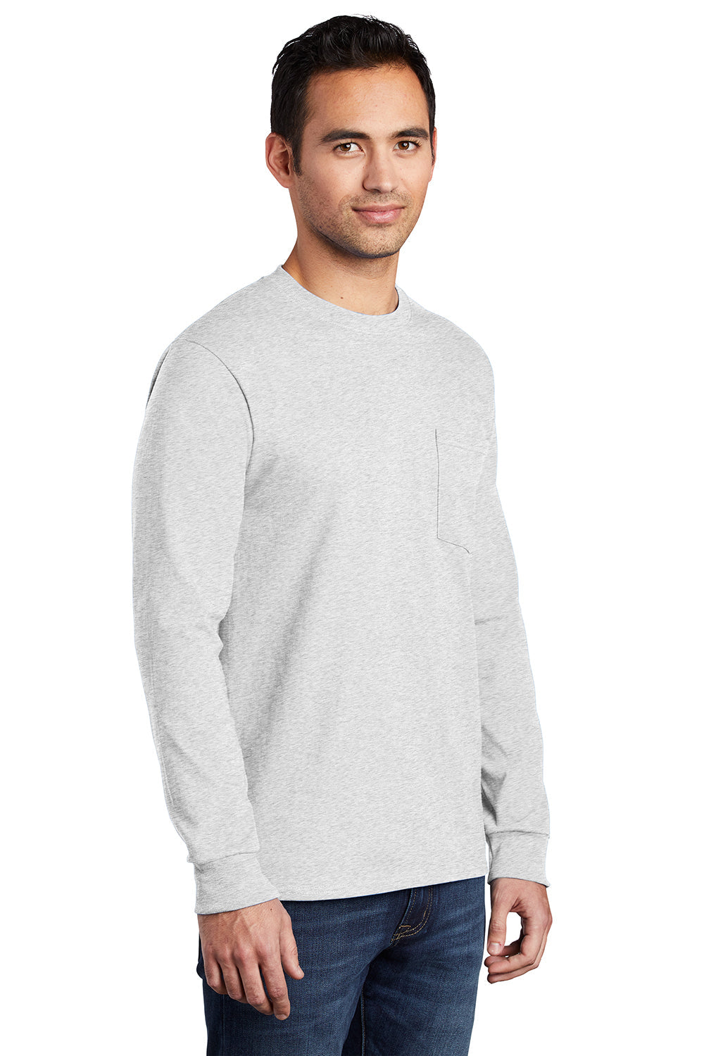 Mens Essential Long Sleeve Crewneck T-Shirt w/ Pocket - Ash Grey