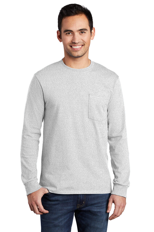 Mens Essential Long Sleeve Crewneck T-Shirt w/ Pocket - Ash Grey
