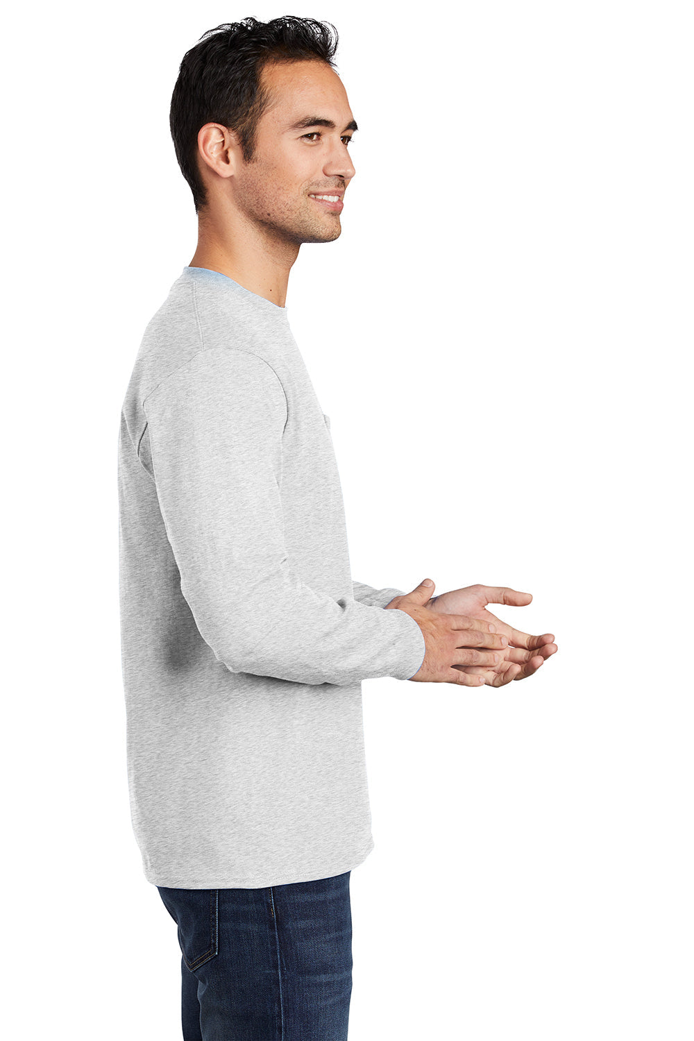 Mens Essential Long Sleeve Crewneck T-Shirt w/ Pocket - Ash Grey