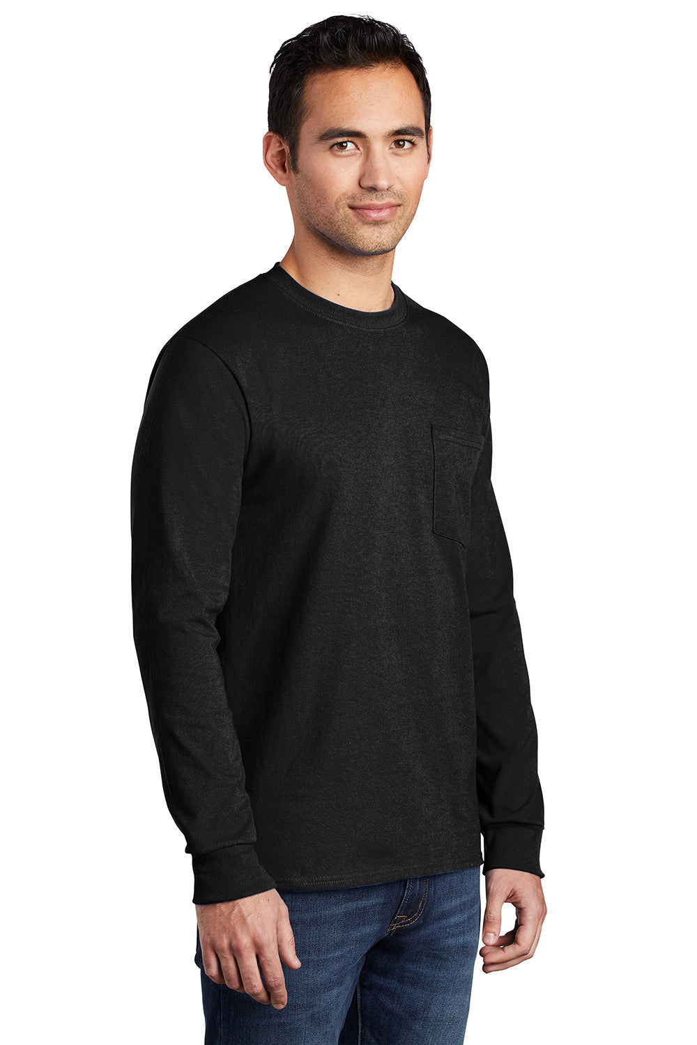 Mens Essential Long Sleeve Crewneck T-Shirt w/ Pocket - Jet Black