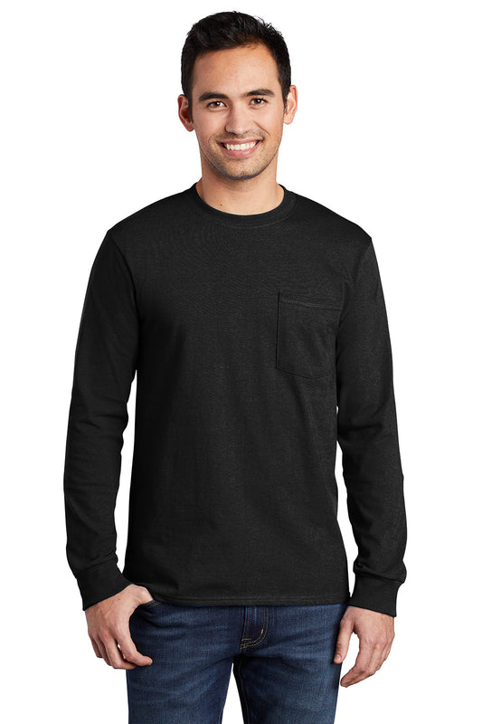 Mens Essential Long Sleeve Crewneck T-Shirt w/ Pocket - Jet Black