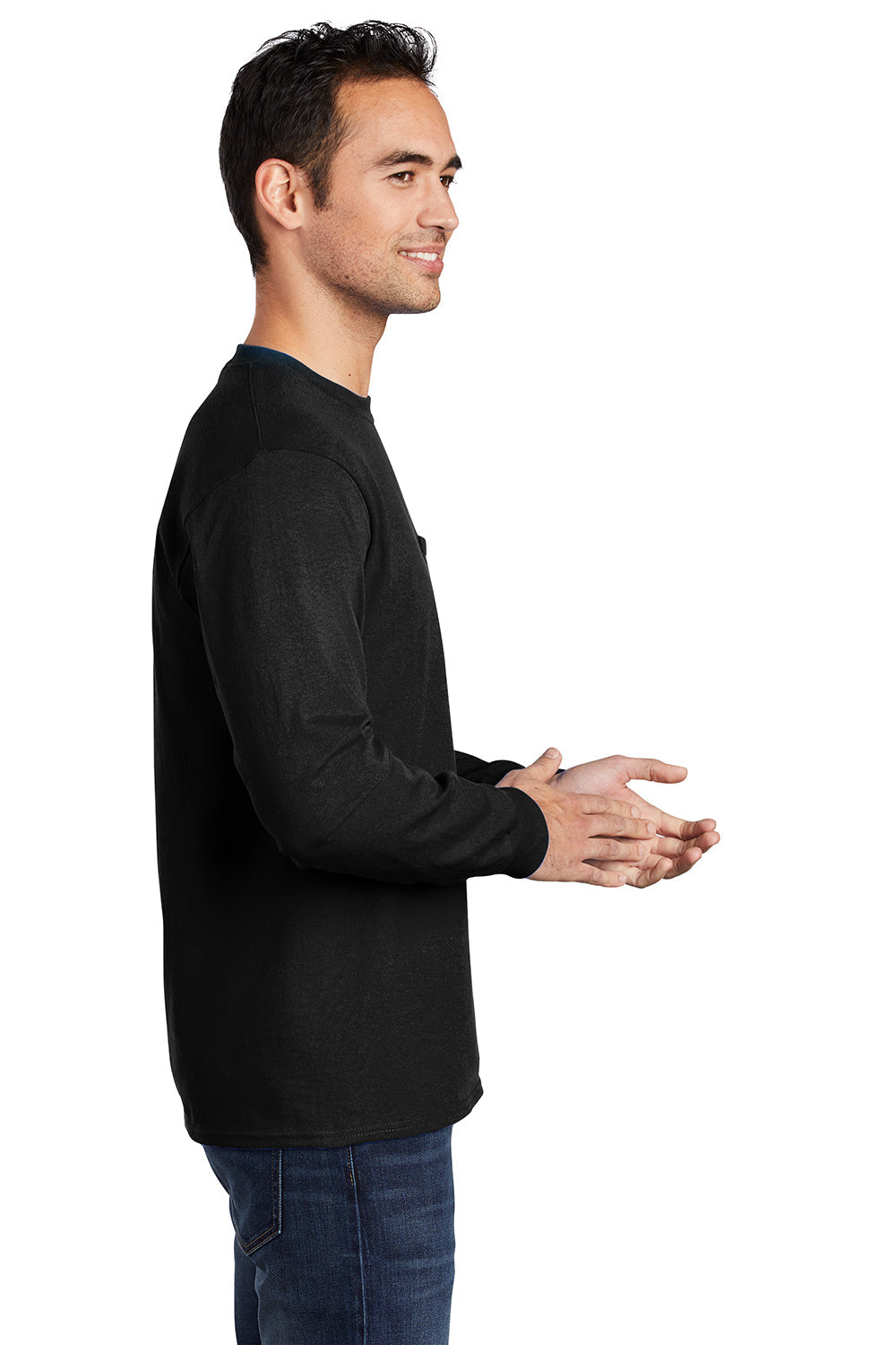 Mens Essential Long Sleeve Crewneck T-Shirt w/ Pocket - Jet Black