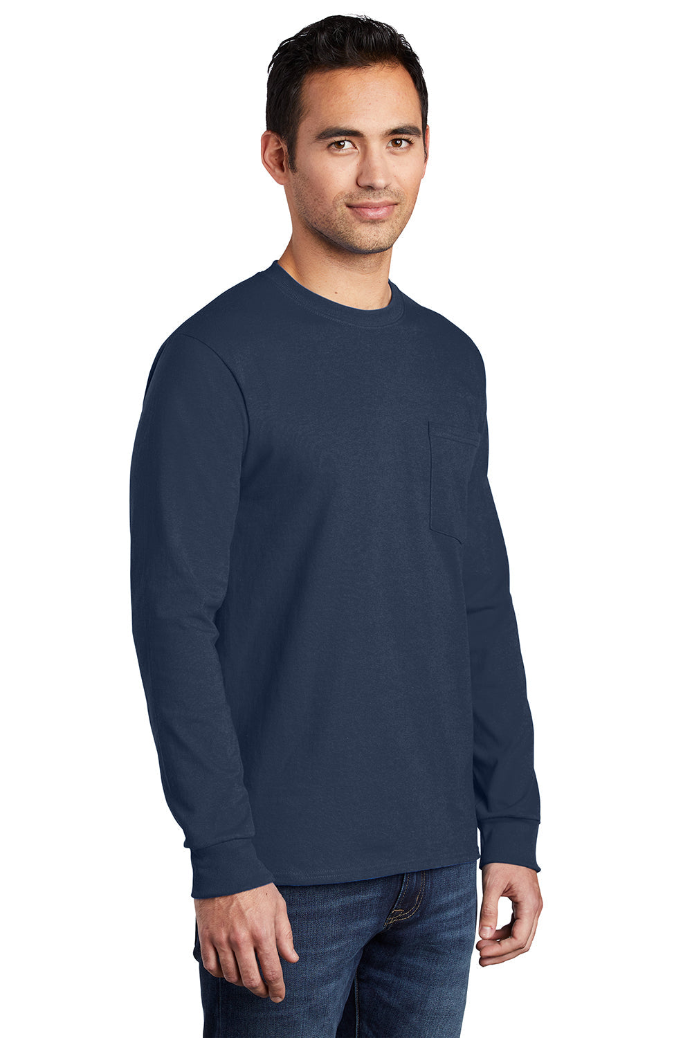 Mens Essential Long Sleeve Crewneck T-Shirt w/ Pocket - Navy Blue