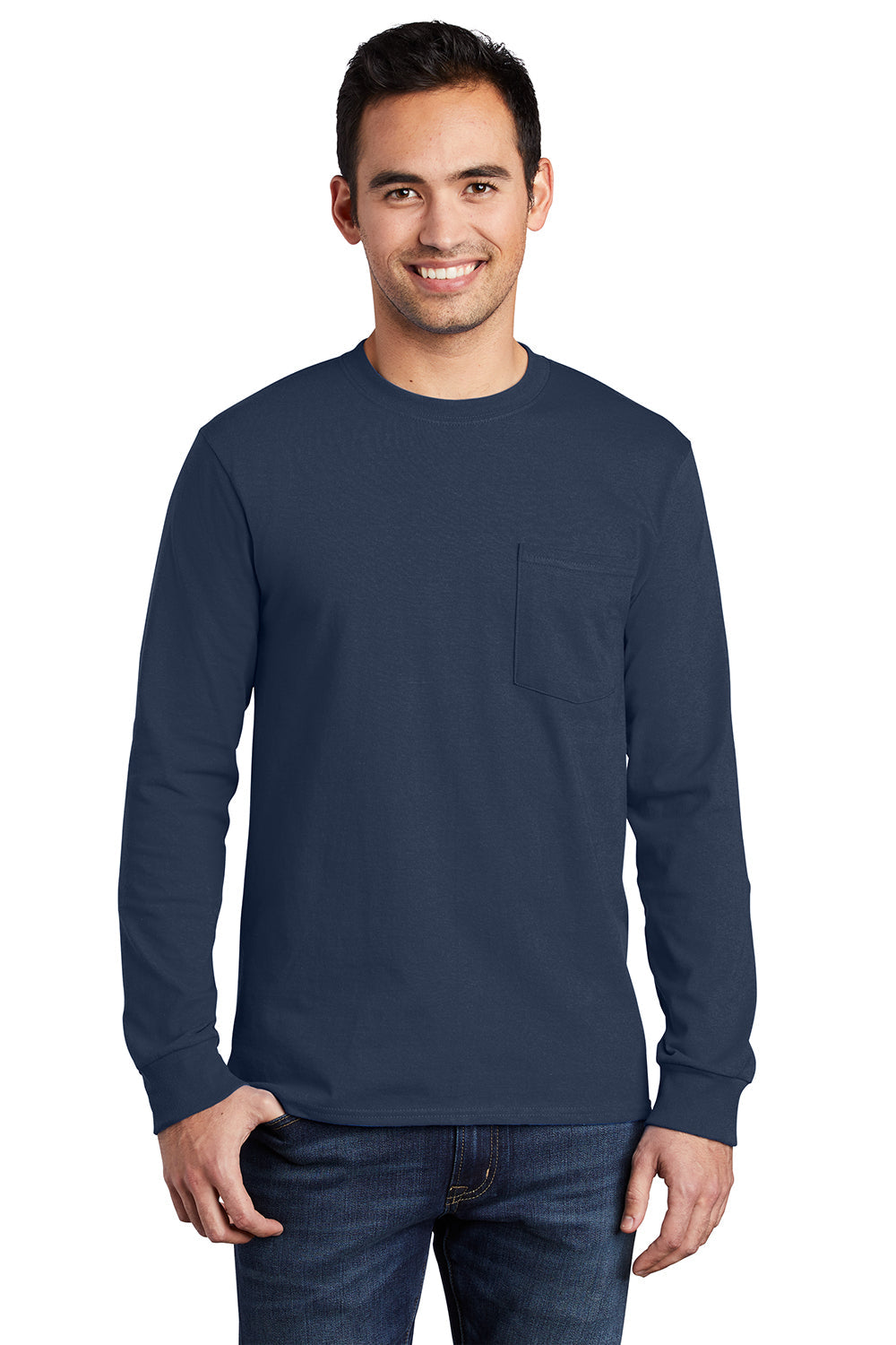 Mens Essential Long Sleeve Crewneck T-Shirt w/ Pocket - Navy Blue
