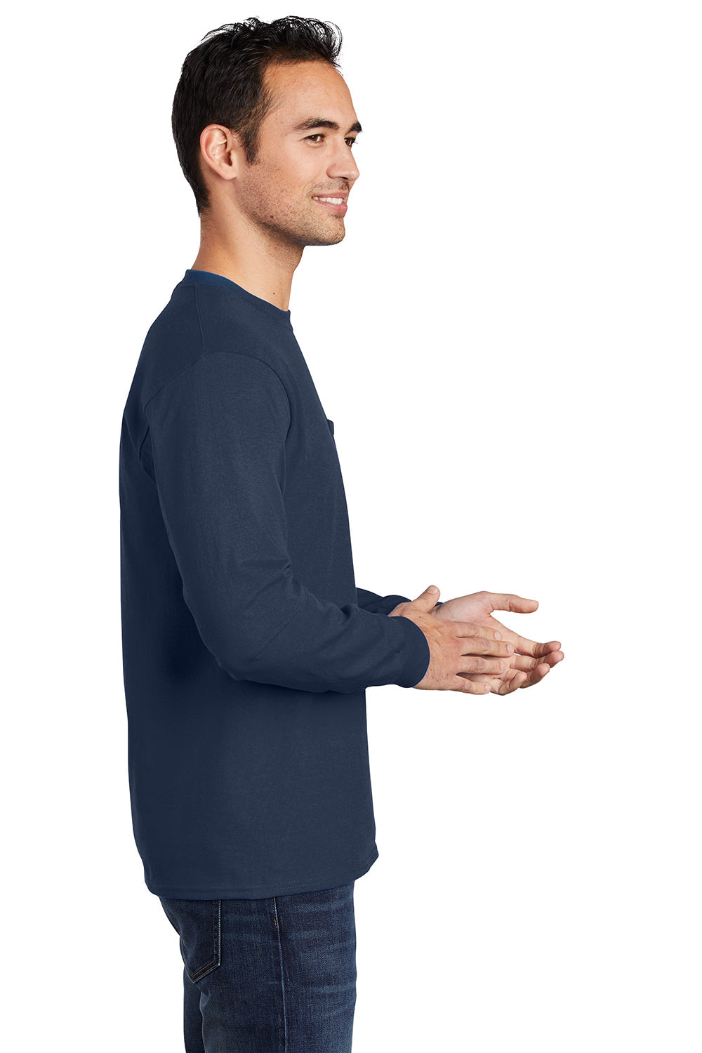 Mens Essential Long Sleeve Crewneck T-Shirt w/ Pocket - Navy Blue
