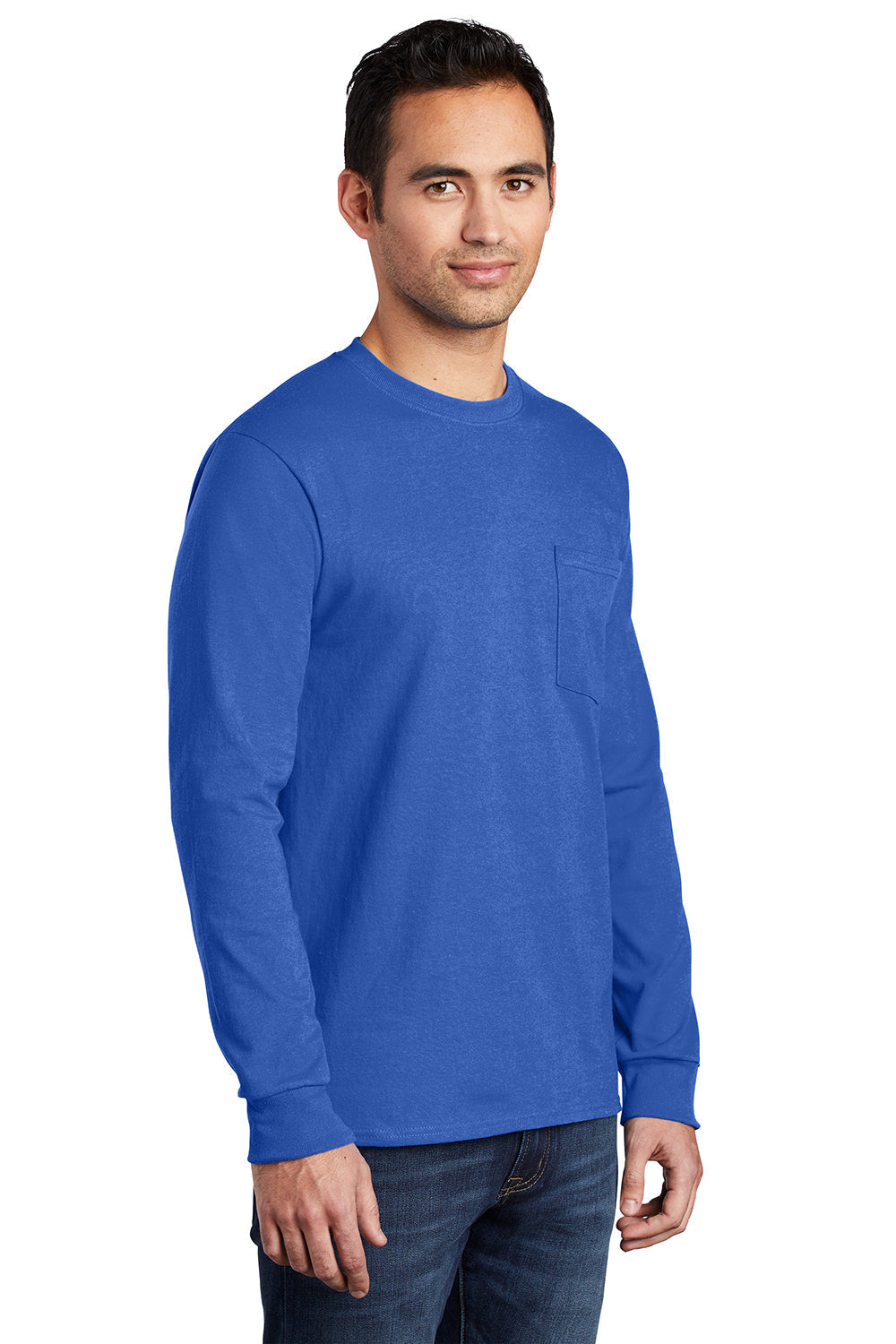 Mens Essential Long Sleeve Crewneck T-Shirt w/ Pocket - Royal Blue