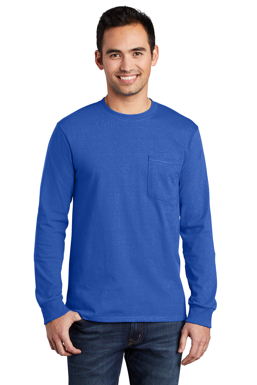 Mens Essential Long Sleeve Crewneck T-Shirt w/ Pocket - Royal Blue