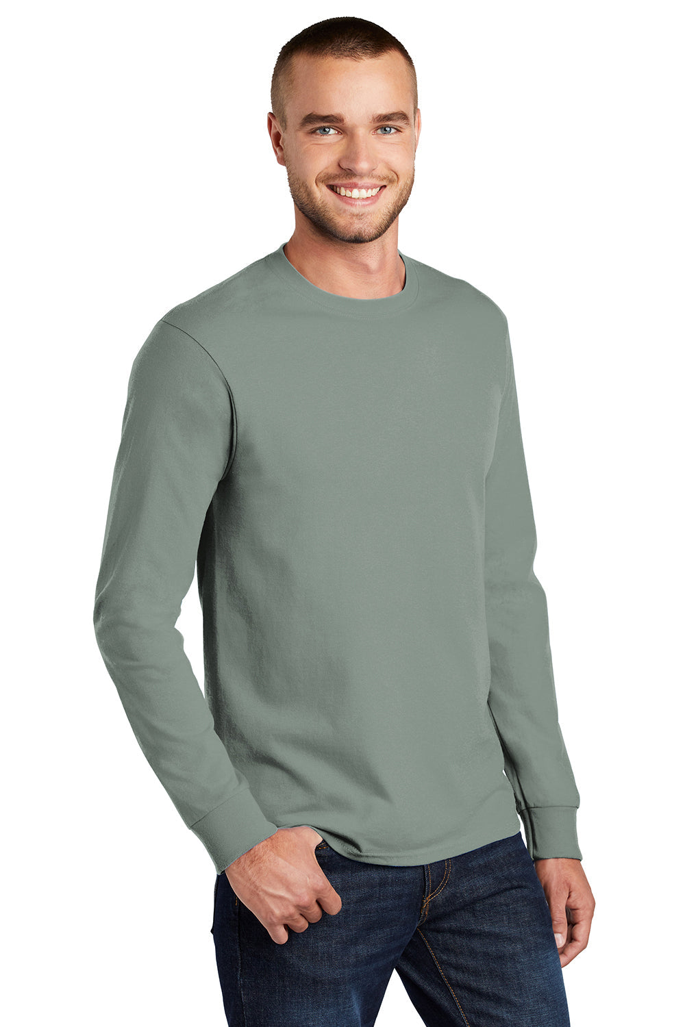 Mens Essential Long Sleeve Crewneck T-Shirt - Stonewashed Green