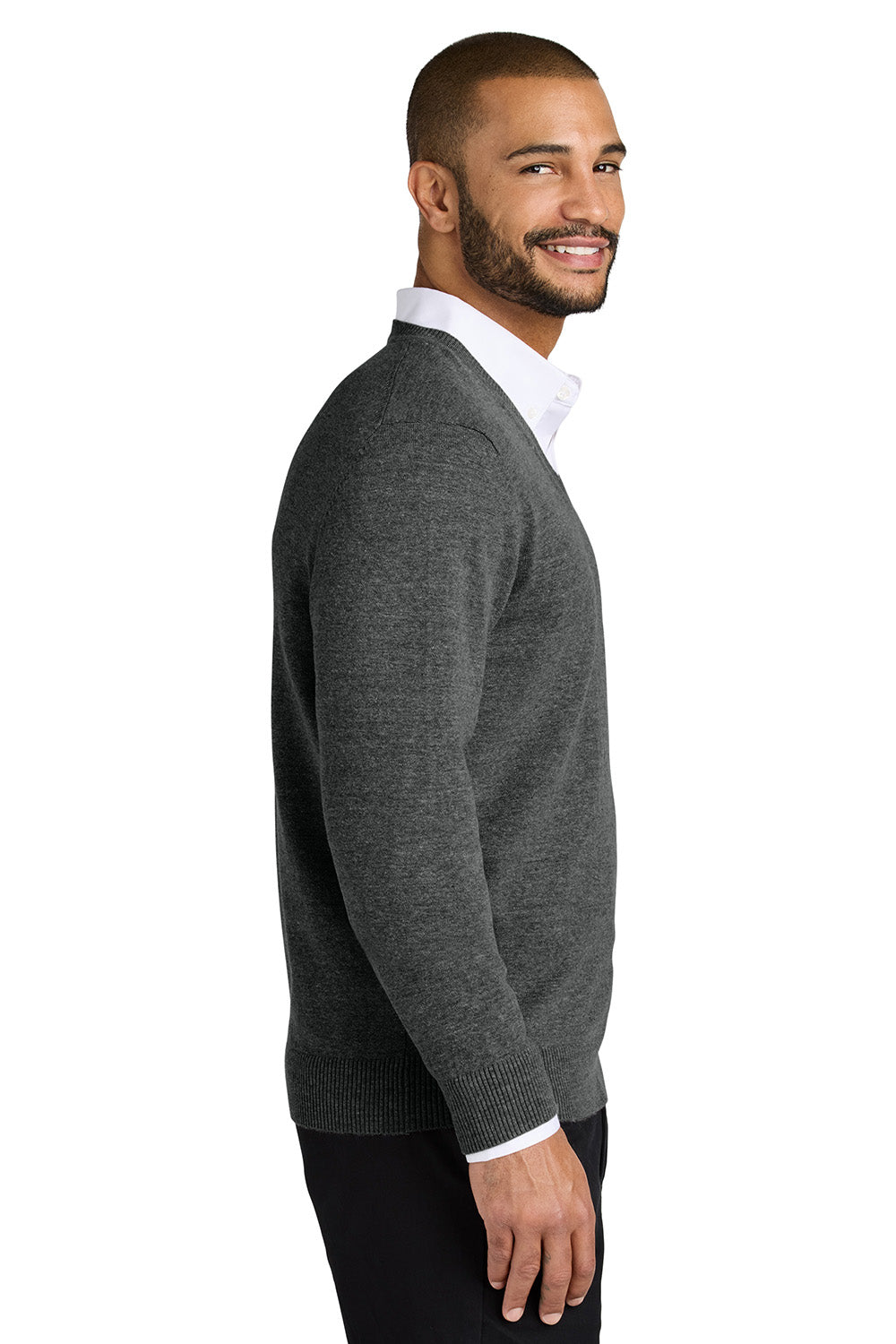 Mens Easy Care Long Sleeve V-Neck Sweater - Heather Charcoal Grey