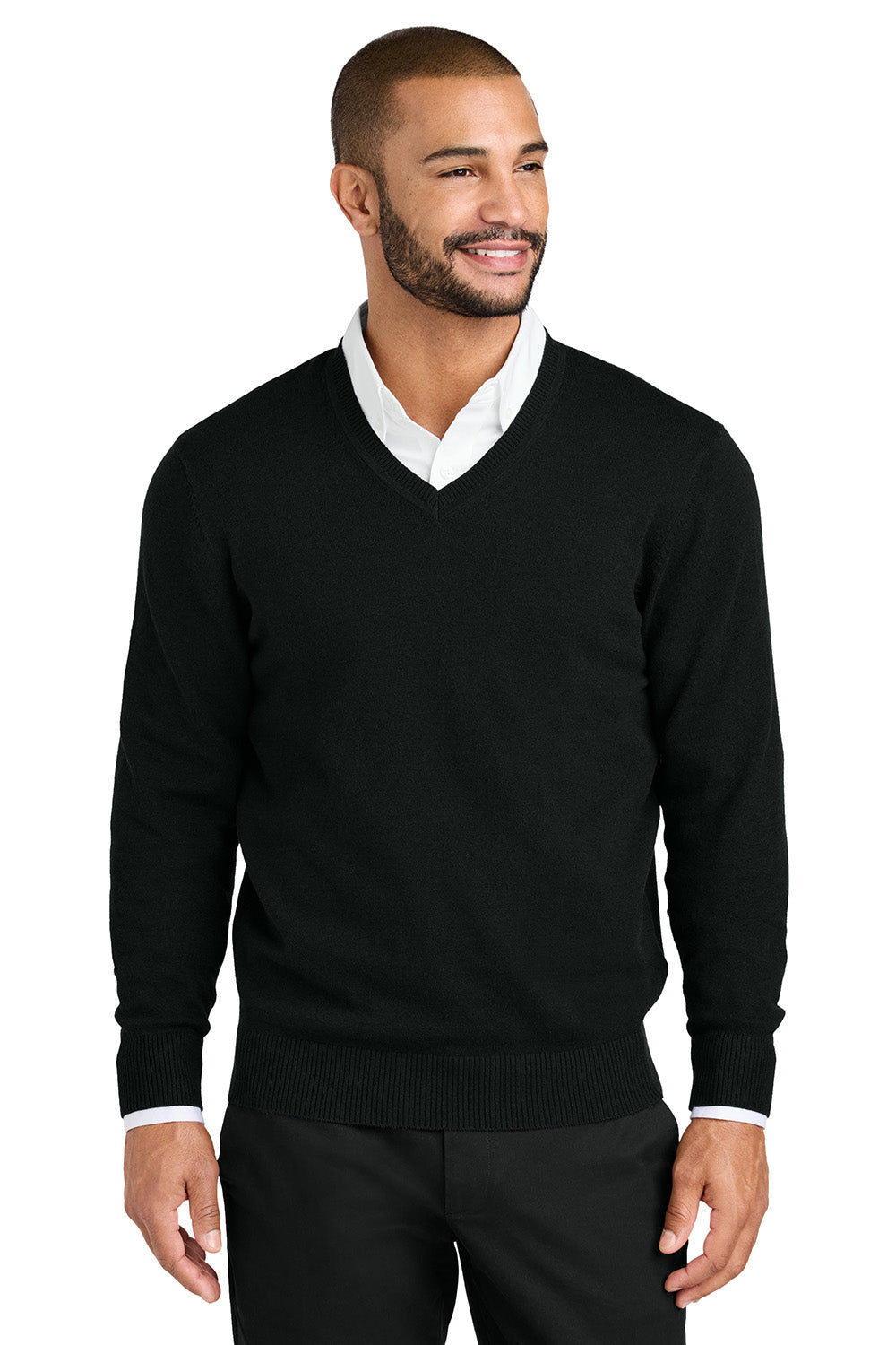 Mens Easy Care Long Sleeve V-Neck Sweater - Deep Black