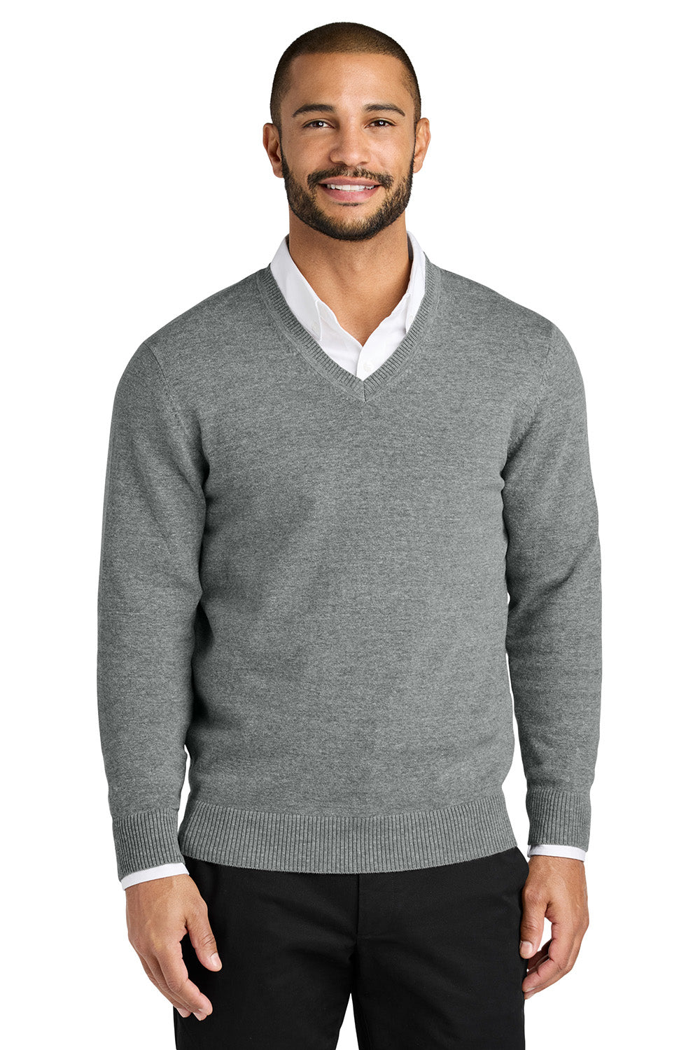 Mens Easy Care Long Sleeve V-Neck Sweater - Heather Medium Grey