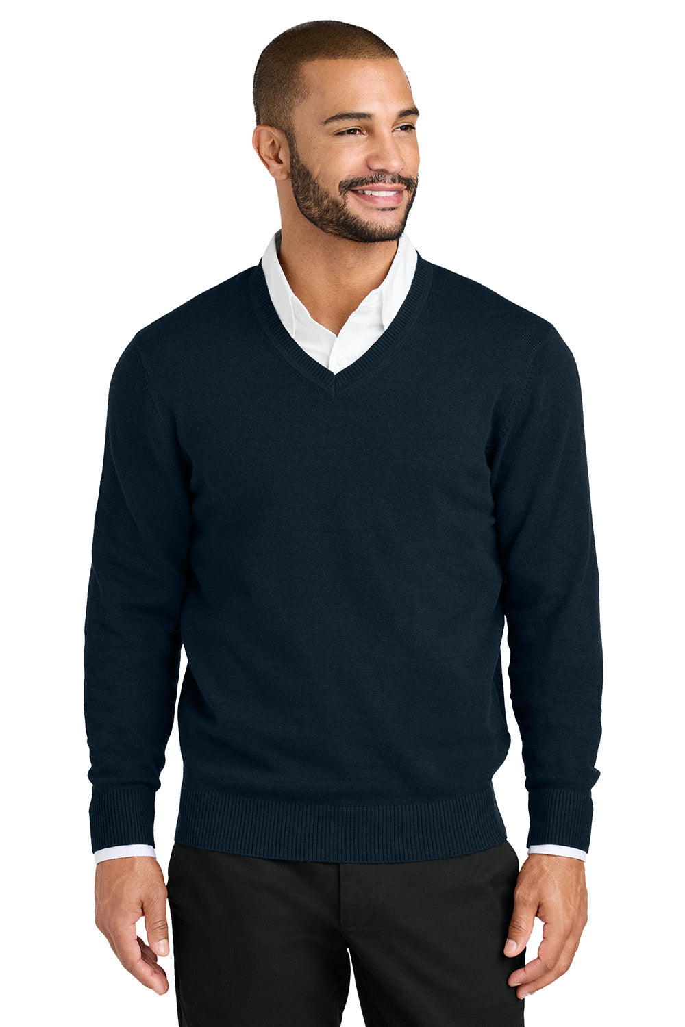 Mens Easy Care Long Sleeve V-Neck Sweater - River Navy Blue