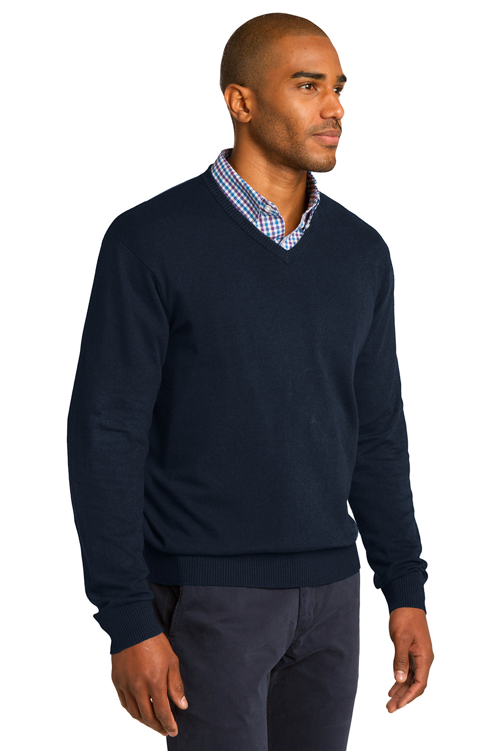 Mens Long Sleeve V-Neck Sweater - Navy Blue - Closeout