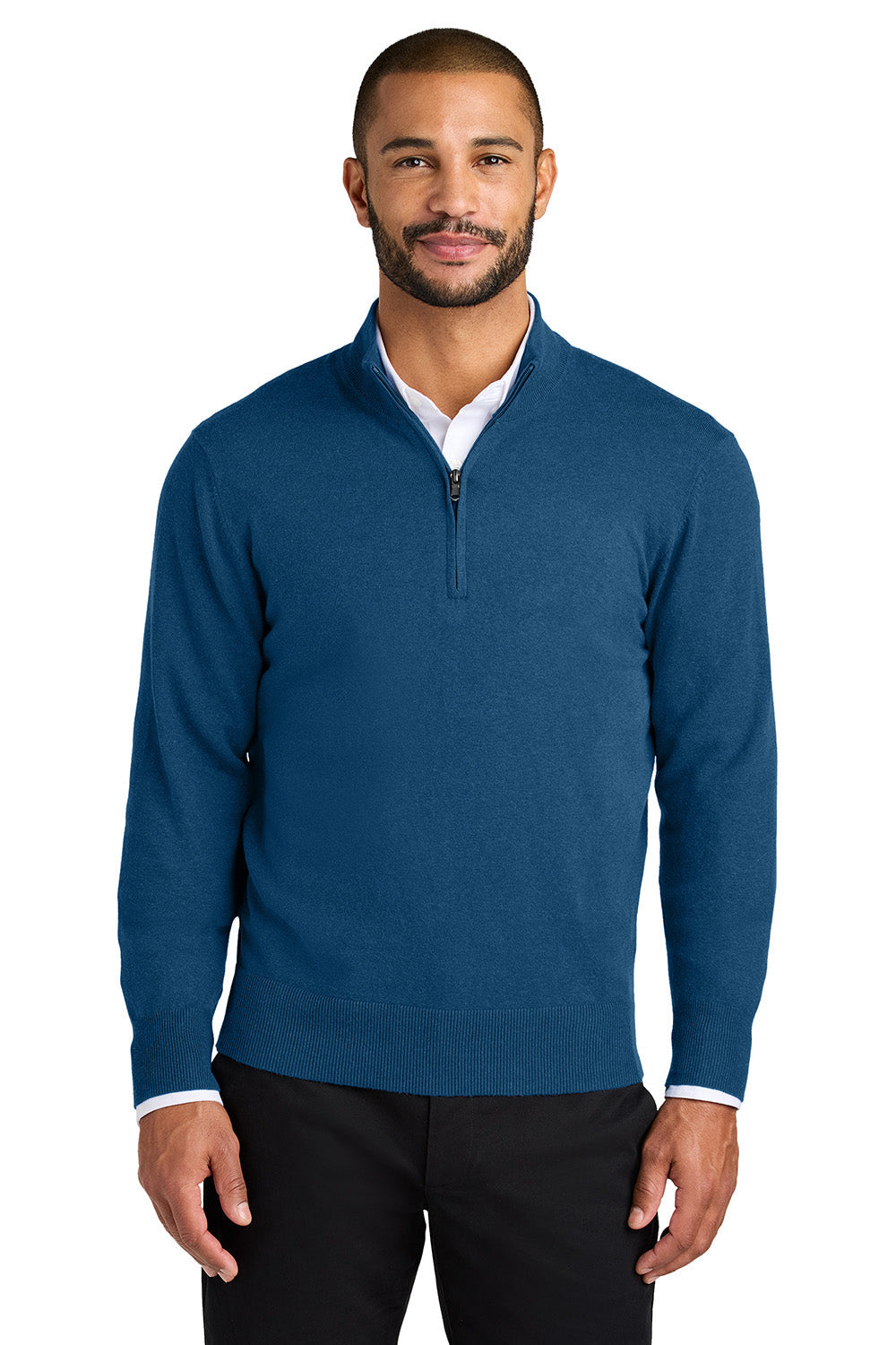 Mens Easy Care Long Sleeve 1/4 Zip Sweater - Heather Aegean Blue