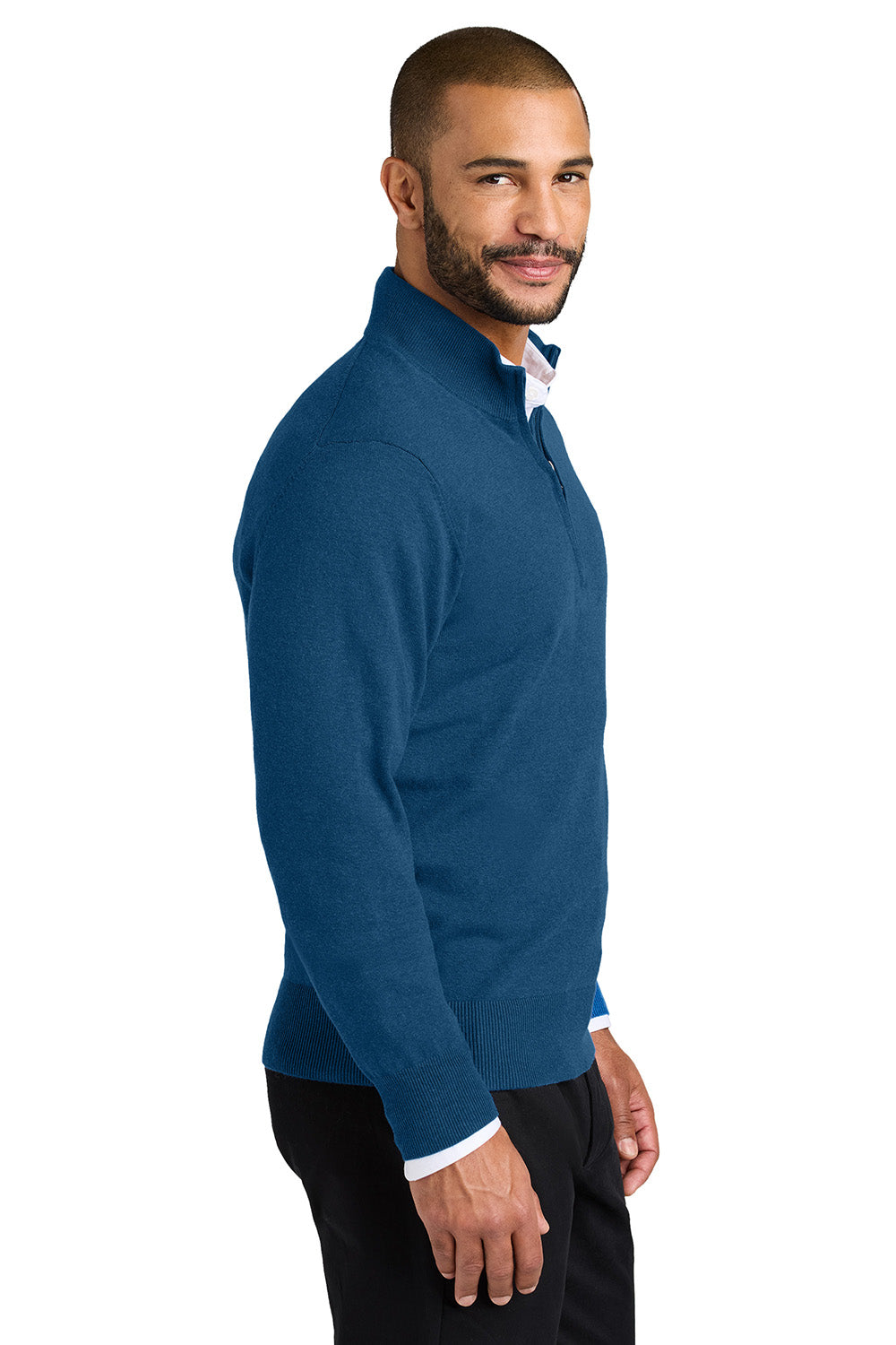 Mens Easy Care Long Sleeve 1/4 Zip Sweater - Heather Aegean Blue