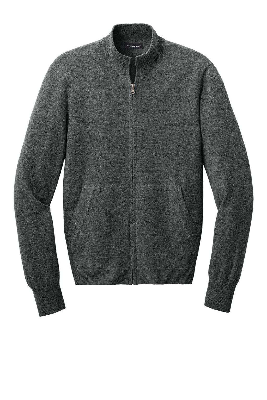 Mens Easy Care Long Sleeve Full Zip Sweater w/ Pockets - Heather Charcoal Grey