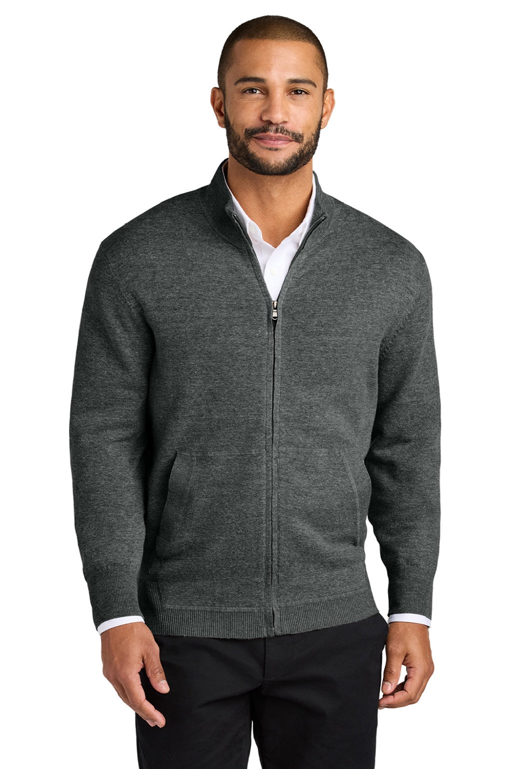 Mens Easy Care Long Sleeve Full Zip Sweater w/ Pockets - Heather Charcoal Grey