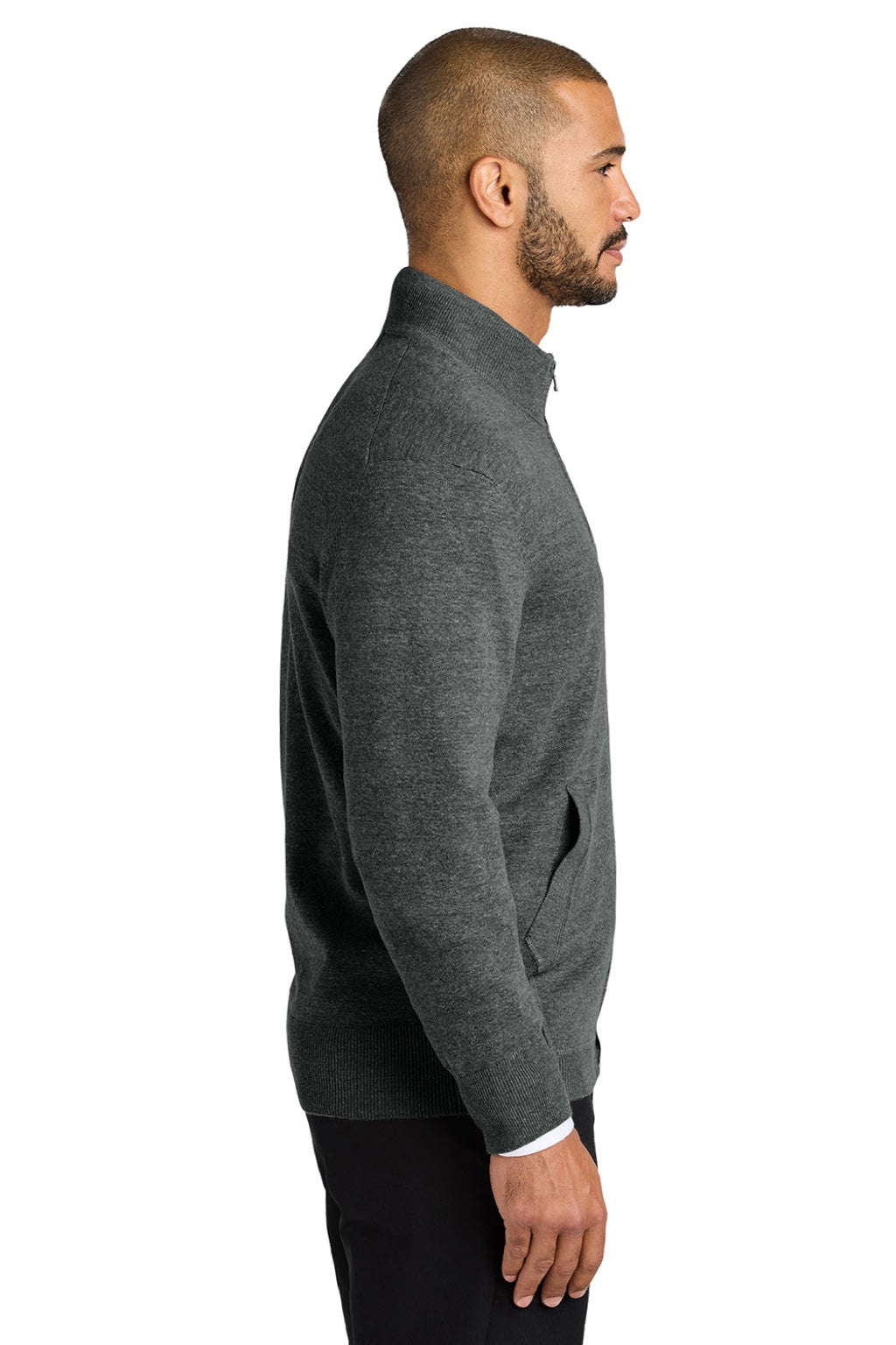 Mens Easy Care Long Sleeve Full Zip Sweater w/ Pockets - Heather Charcoal Grey