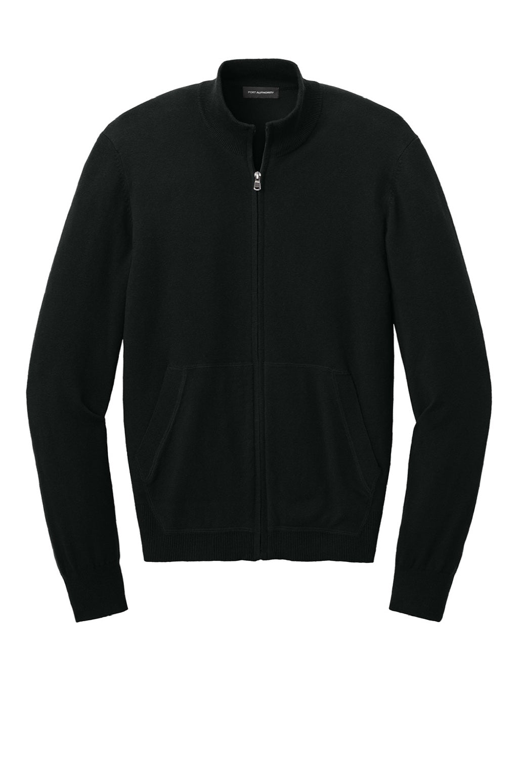 Mens Easy Care Long Sleeve Full Zip Sweater w/ Pockets - Deep Black