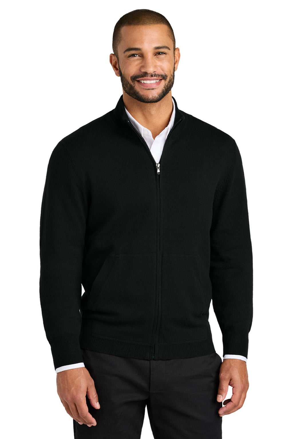 Mens Easy Care Long Sleeve Full Zip Sweater w/ Pockets - Deep Black