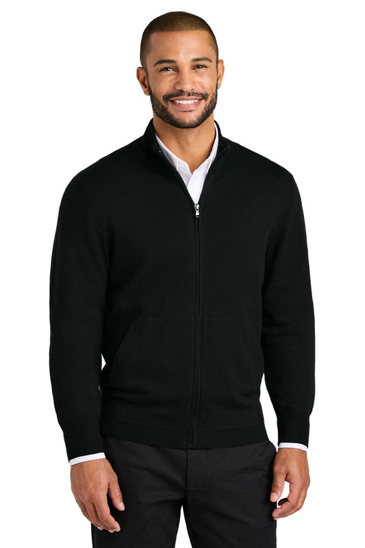 Mens Easy Care Long Sleeve Full Zip Sweater w/ Pockets - Deep Black