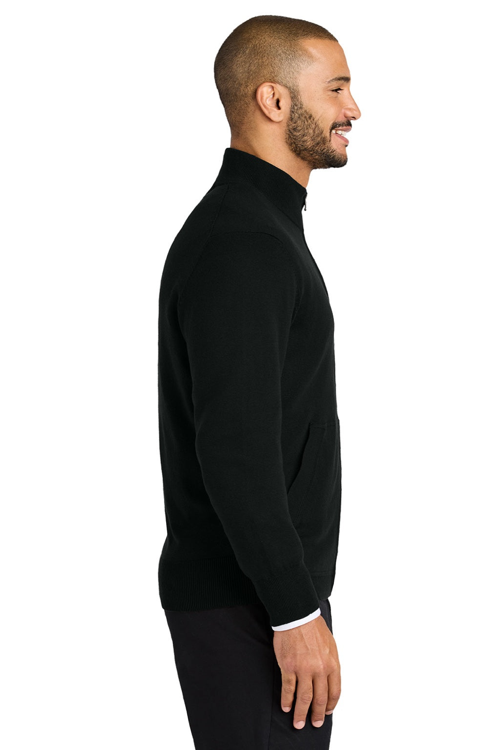 Mens Easy Care Long Sleeve Full Zip Sweater w/ Pockets - Deep Black