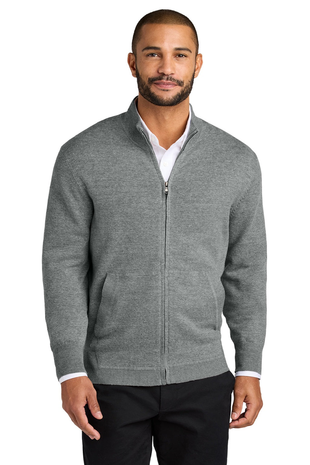 Mens Easy Care Long Sleeve Full Zip Sweater w/ Pockets - Heather Medium Grey
