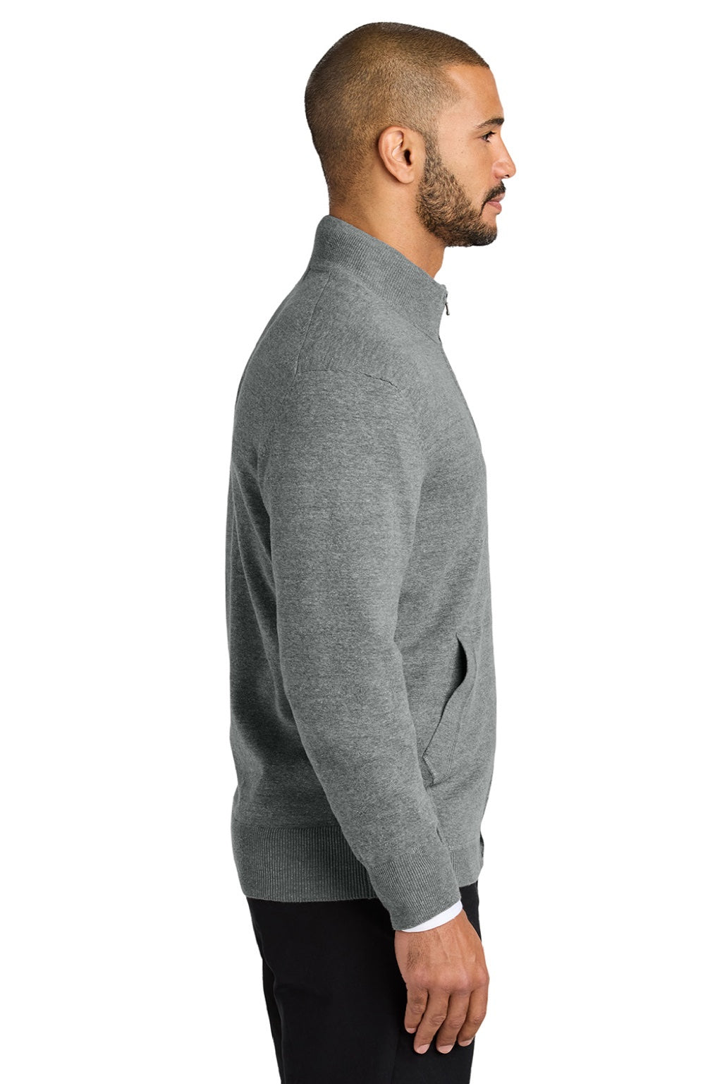 Mens Easy Care Long Sleeve Full Zip Sweater w/ Pockets - Heather Medium Grey