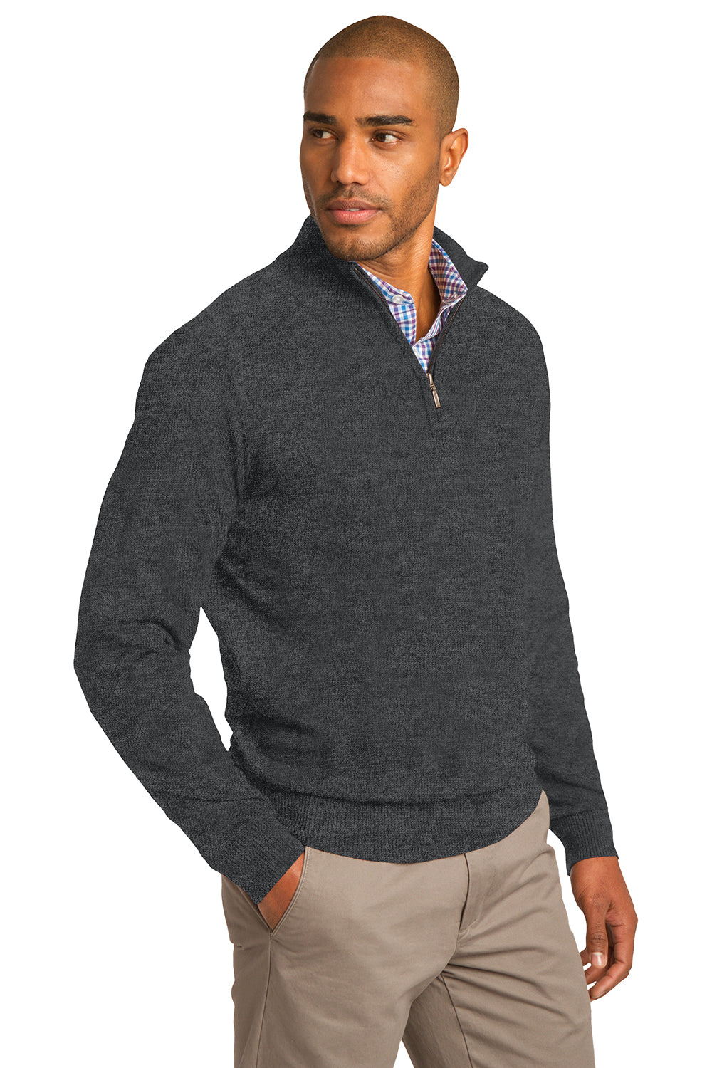 Mens Long Sleeve 1/4 Zip Sweater - Heather Charcoal Grey - Closeout