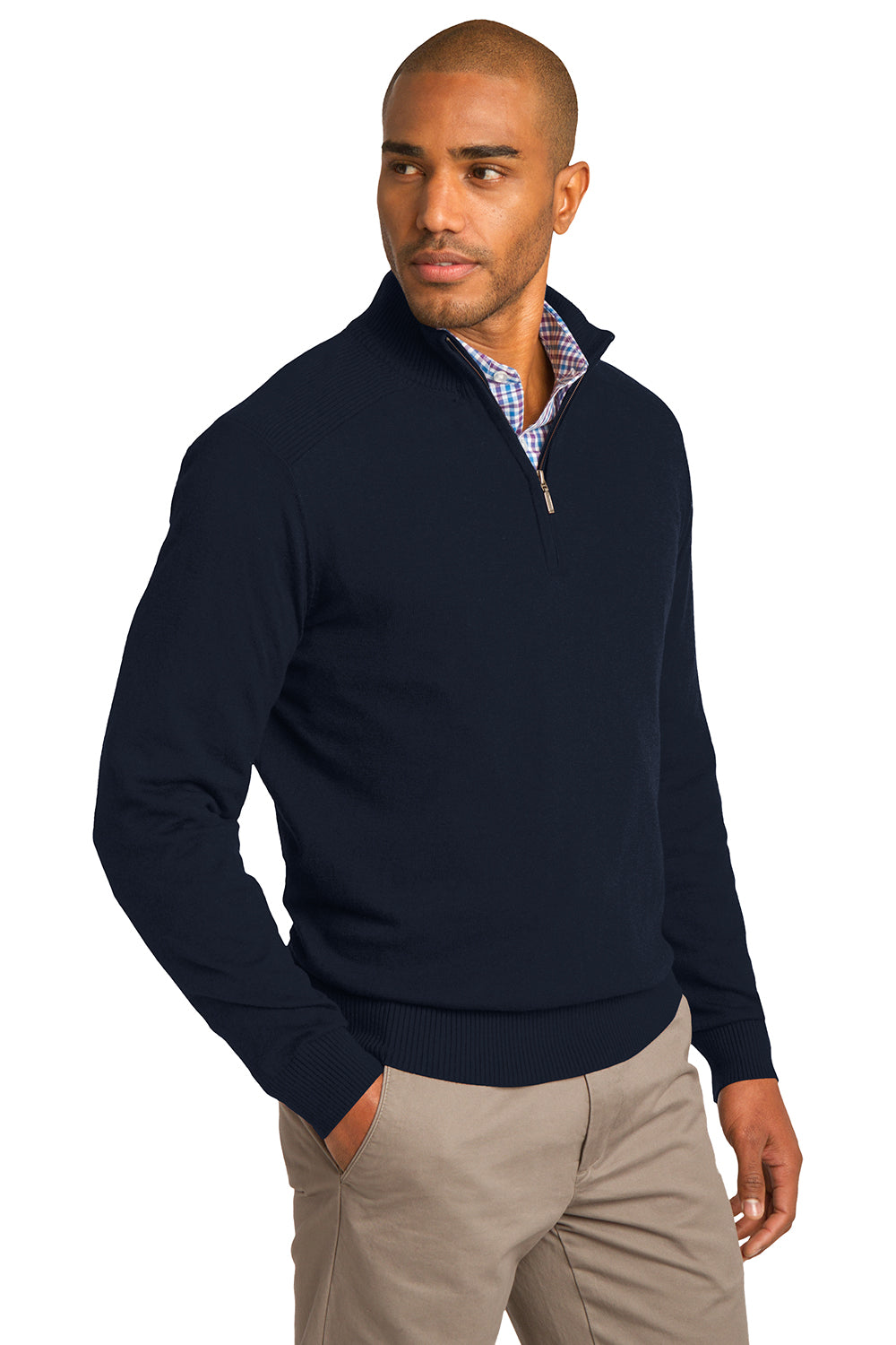 Mens Long Sleeve 1/4 Zip Sweater - Navy Blue - Closeout