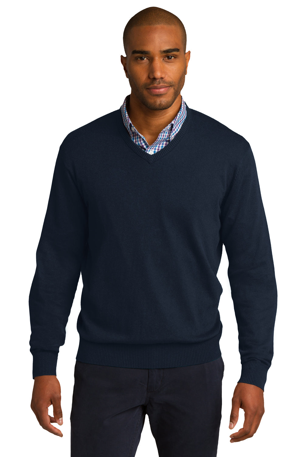 Mens Long Sleeve V-Neck Sweater - Navy Blue - Closeout