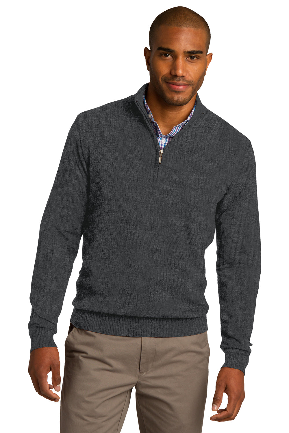 Mens Long Sleeve 1/4 Zip Sweater - Heather Charcoal Grey - Closeout