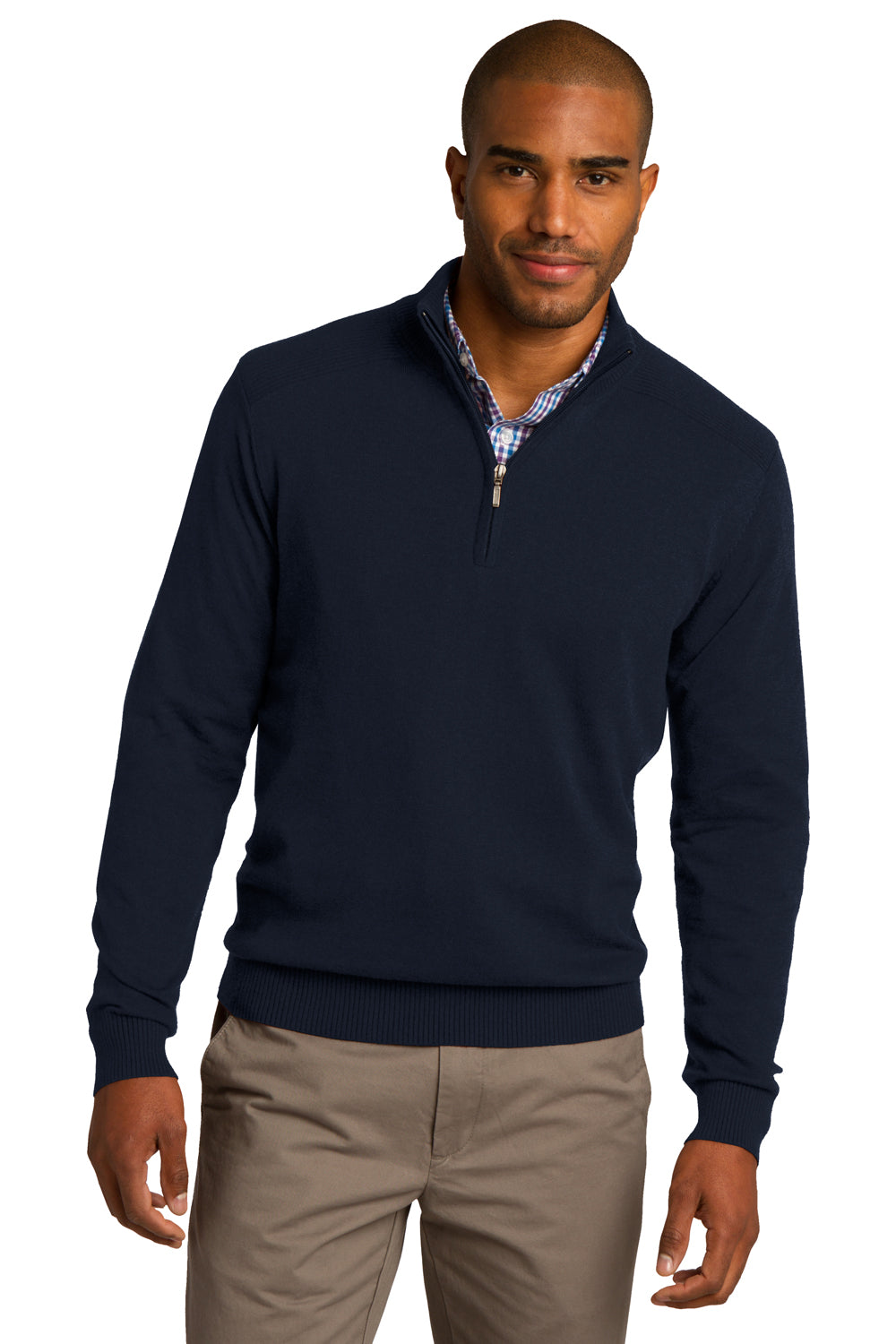 Mens Long Sleeve 1/4 Zip Sweater - Navy Blue - Closeout